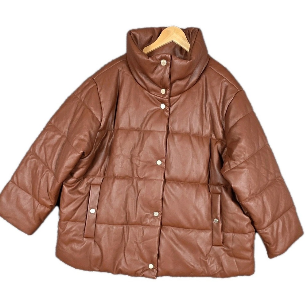Dennis Basso Puffer Jacket Women's 3X Brown Faux Leather Quilted Coat Plus‎ Size